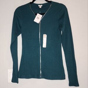 NWT GUESS Malina Green Ribbed Zip Front Long Sleeve Sweater Size XL